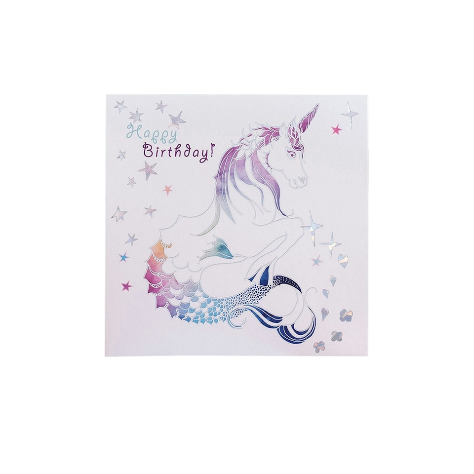 image 1 of Deckled Edge Prancing Myth Greetings Card - Happy Birthday - Merhorse (White/Rainbow) - One Size
