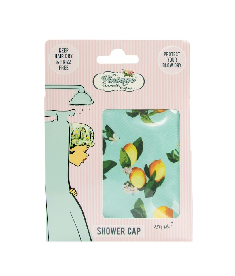 image 1 of The Vintage Cosmetic Company Retro Lemon Print Shower Cap | Blue | 1