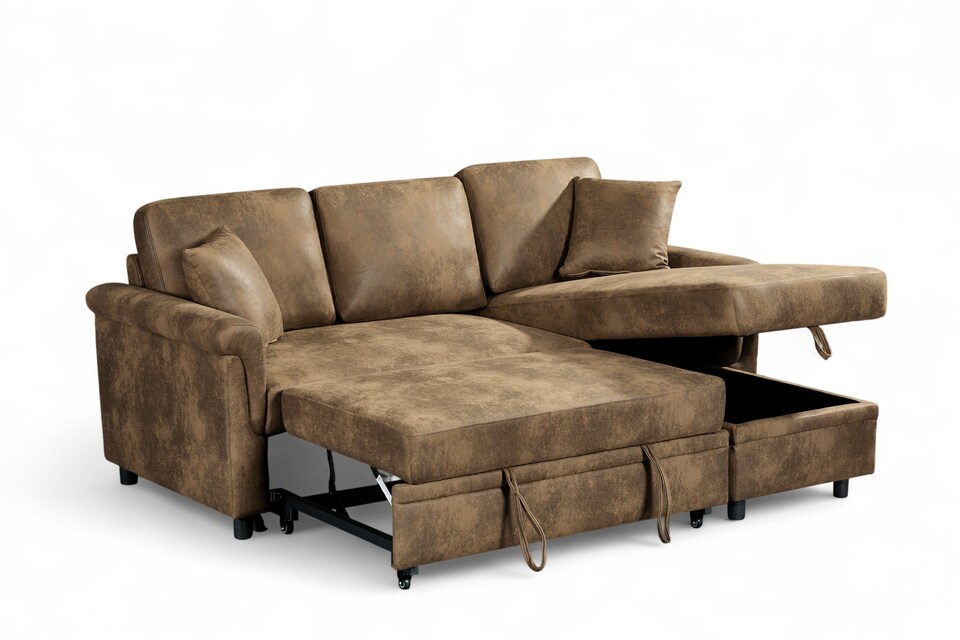 image 1 of Faux Leather Suede Brown 2C1 Corner Sofabed with Chaise OSCAR