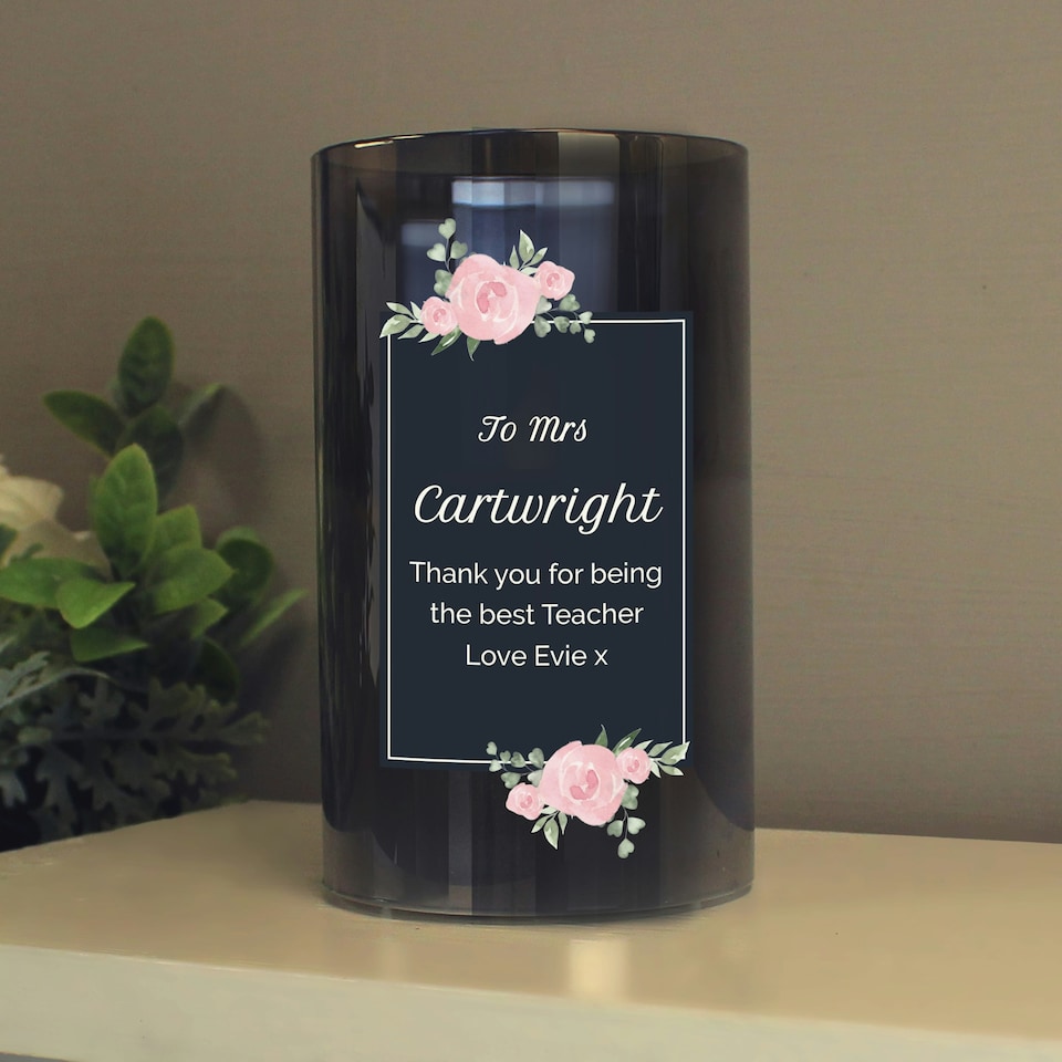 image 1 of Personalised Floral Smoked Glass LED Candle White