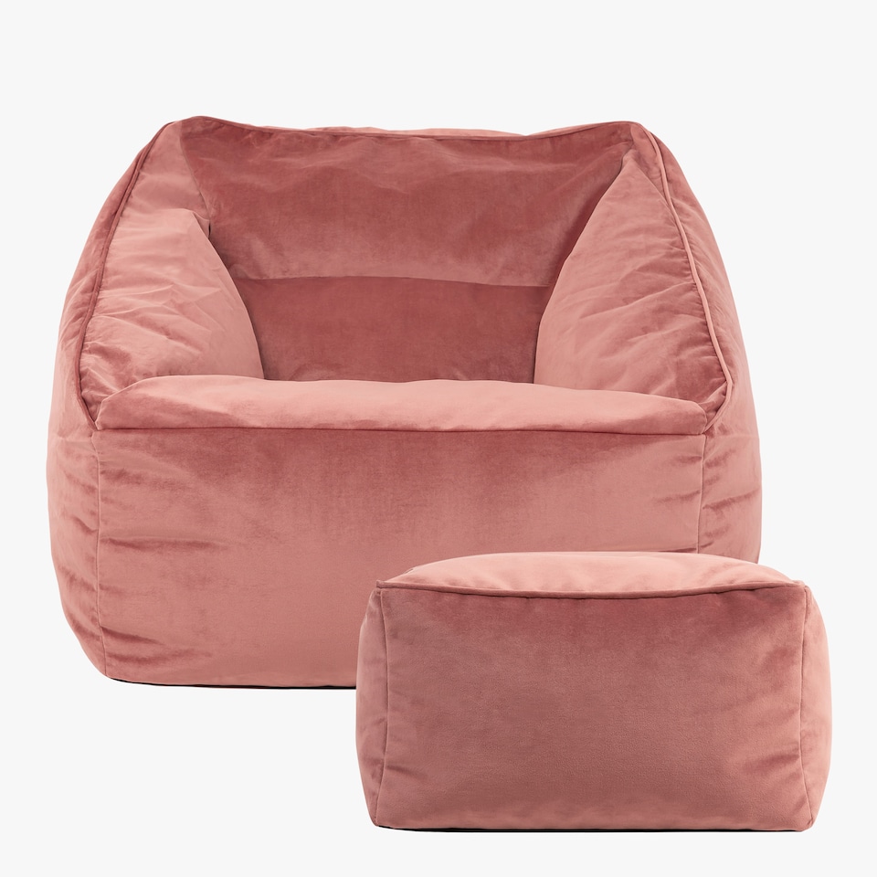 image 1 of Natalia Velvet Adults Bean Bag Armchair and Pouffe, Ready Filled Large Beanbag and Footstool Dusk Pink | Pink | Dusk Pink | XL | 2