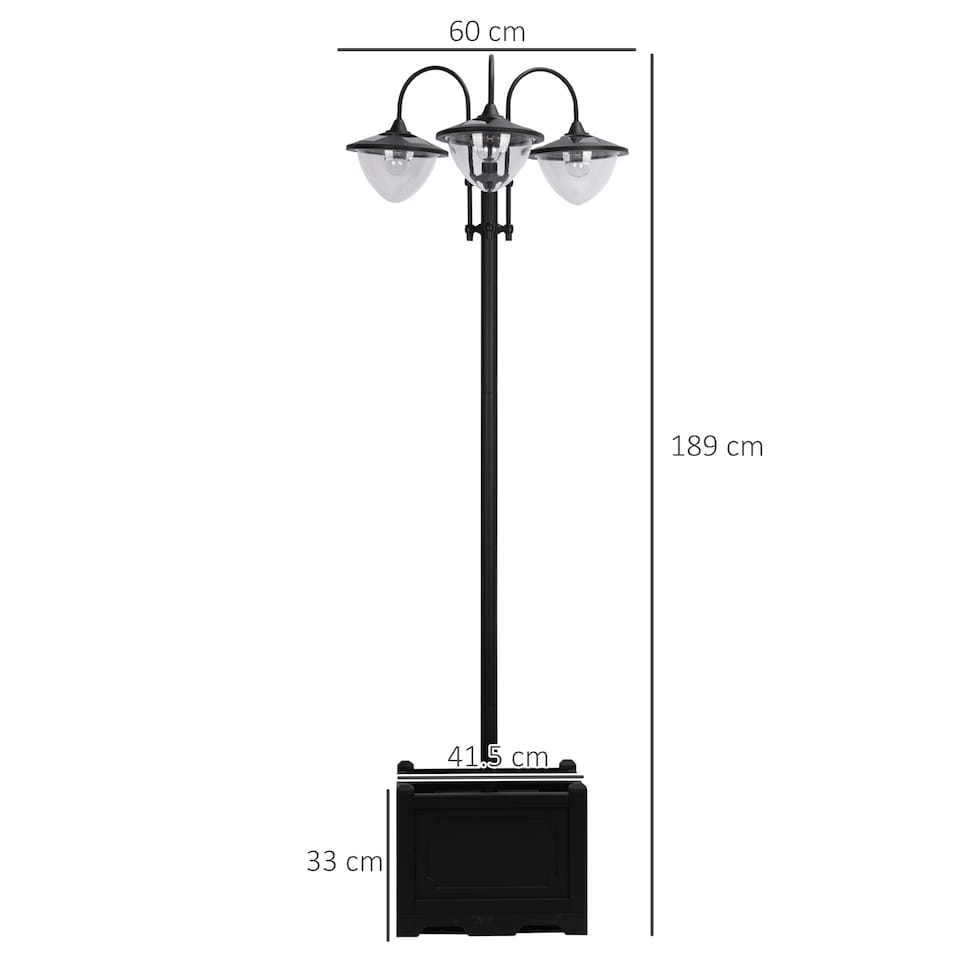 image 1 of Outsunny 3-head LED Solar Light Lamp Street Light Post with Planter Base, Black | Black | Black | 60L x 55W x 189H cm
