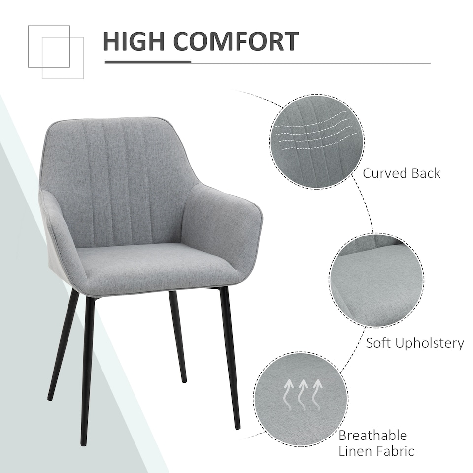 image 1 of HOMCOM Dining Chairs Set of 2, Upholstered Linen Fabric Kitchen Chairs with Metal Legs for Living Room Dining Room, Light Grey