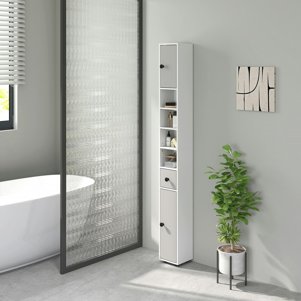 image 1 of kleankin Slim Bathroom Cabinet, Toilet Roll Storage w/ Shelves, Light Grey | Grey | White | 180H x 20W x 20D cm