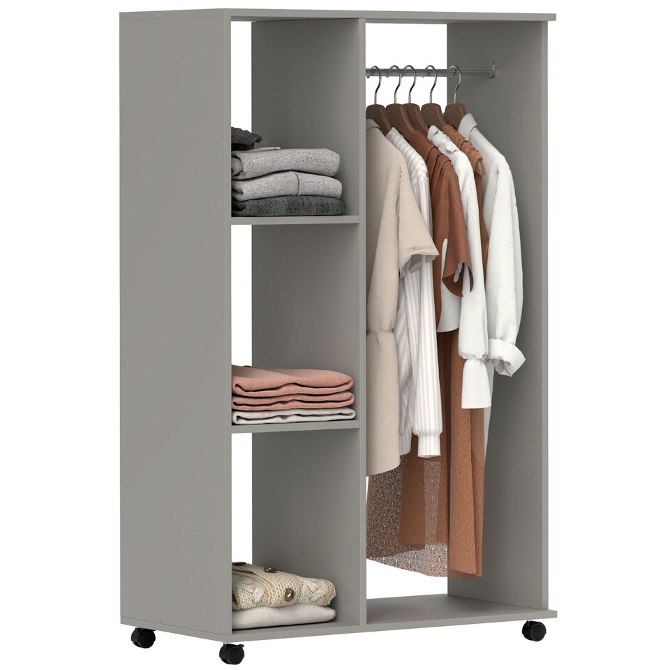 image 1 of HOMCOM Open Wardrobe on Wheels, Bedroom Wardrobe with Clothes Hanging Rail, 3 Storage Shelves, Mobile Garment Rack for Cloakroom, Hallway, Grey