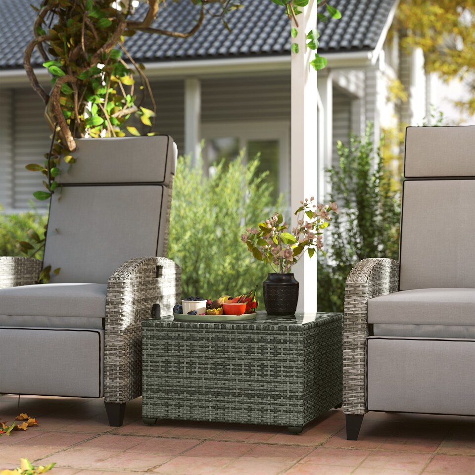 image 1 of Outsunny Outdoor Coffee Table with Glass Top, Rattan Side Table, Light Grey