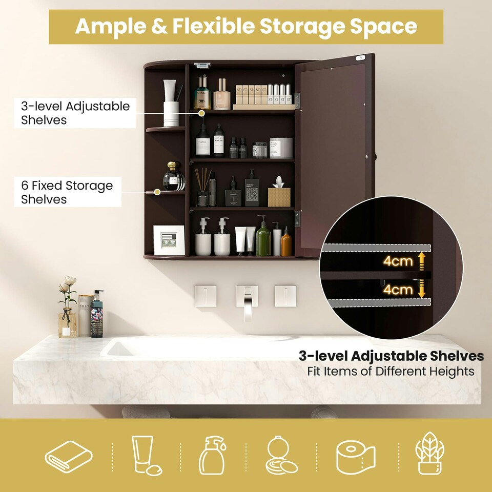 image 1 of COSTWAY Mirrored Bathroom Cabinet Wall Mount Storage Brown Brown