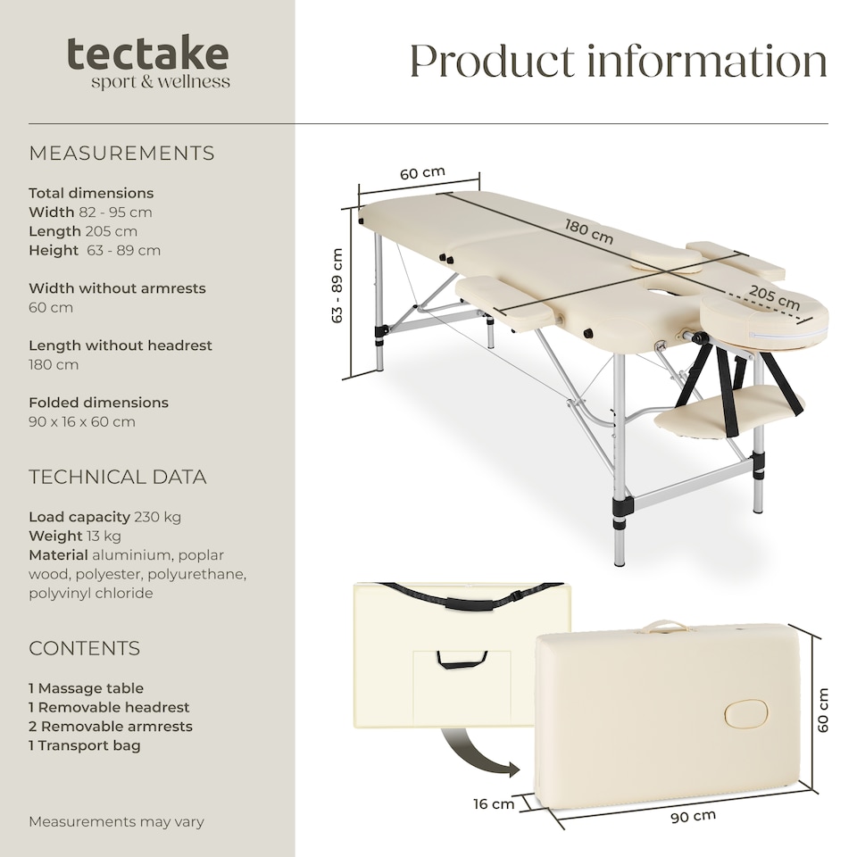 image 1 of Massage Table - 2-zone bed, aluminium frame, with carry bag, head- and armrests | Cream | beige | 1
