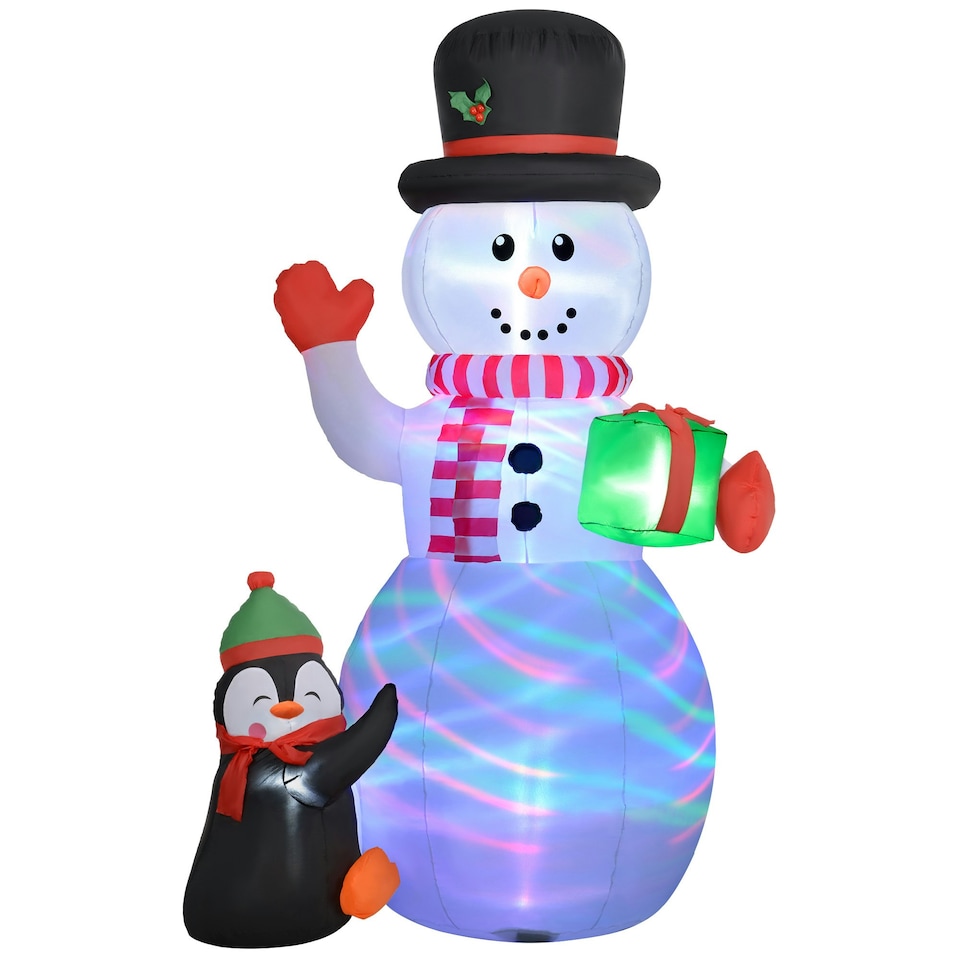 image 1 of Outsunny 8FT Inflatable Snowman Holding Gift Box w/ Penguin and LED Lights