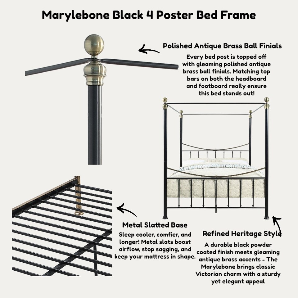 image 1 of Marylebone Traditional Four Poster Canopy Metal Bed Frame | Black | Black & Brass | King
