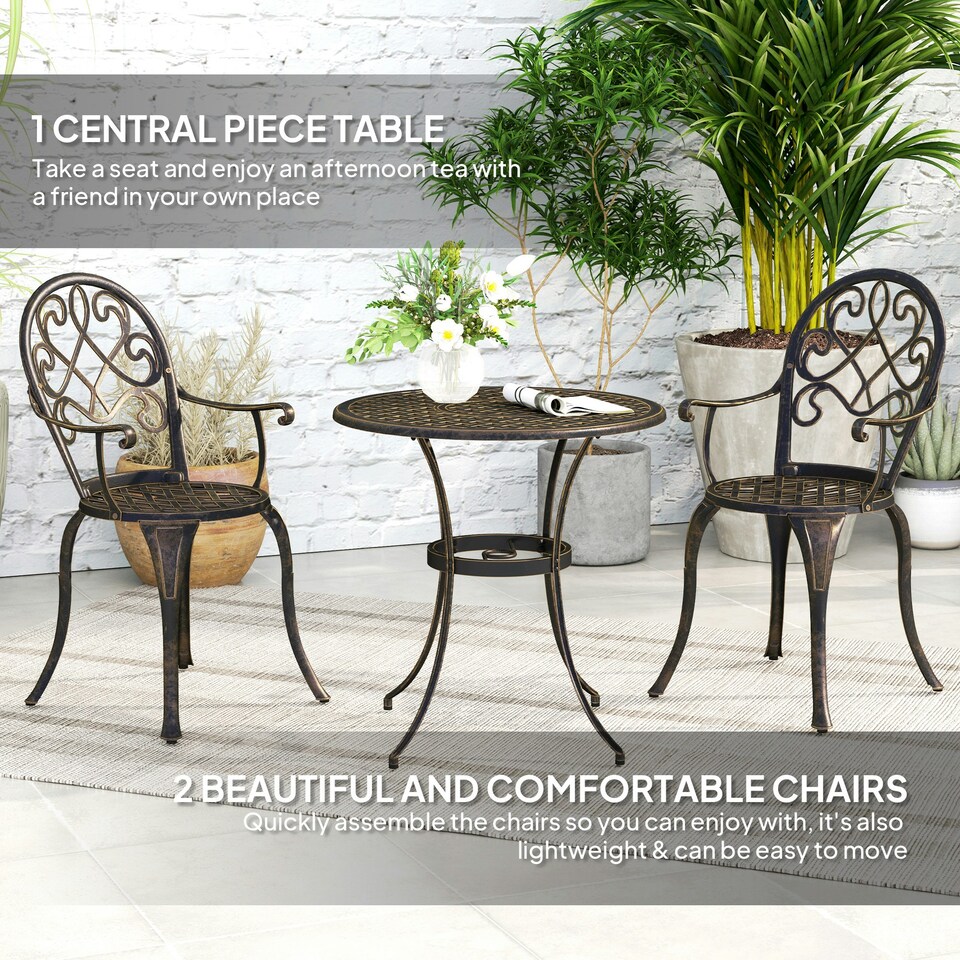 image 1 of Outsunny 3PCs Bistro Set,  Aluminium Garden Table and Chairs Bronze Tone