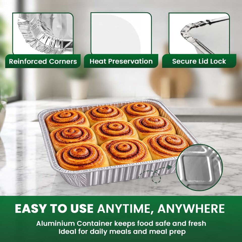 image 1 of ECONX No9 Large Aluminium Foil Containers With Lid 9x9" Takeaway Catering Meal Prep Foil Baking Tray Pack Of 100