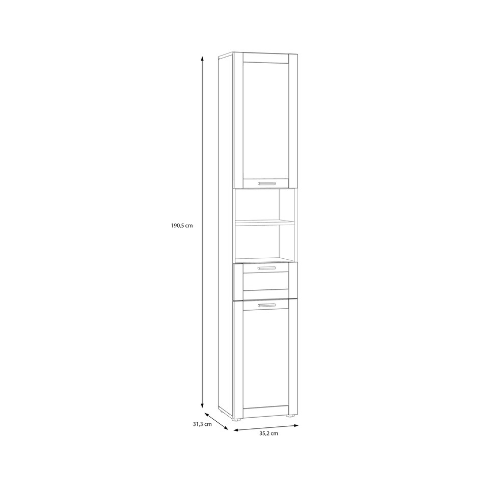 image 1 of Lokko Tall Narrow Bathroom Cabinet with 2 Doors & 1 Drawer with Silver Handles in White