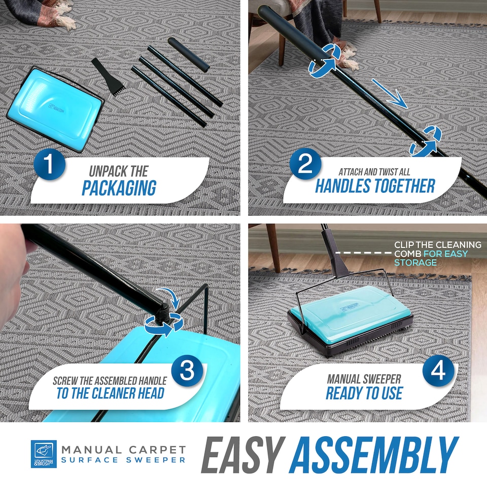 image 1 of Manual Carpet Sweeper with Detachable Cleaning Comb Cordless Carpet & Rug Cleaner for Efficient Floor Cleaning