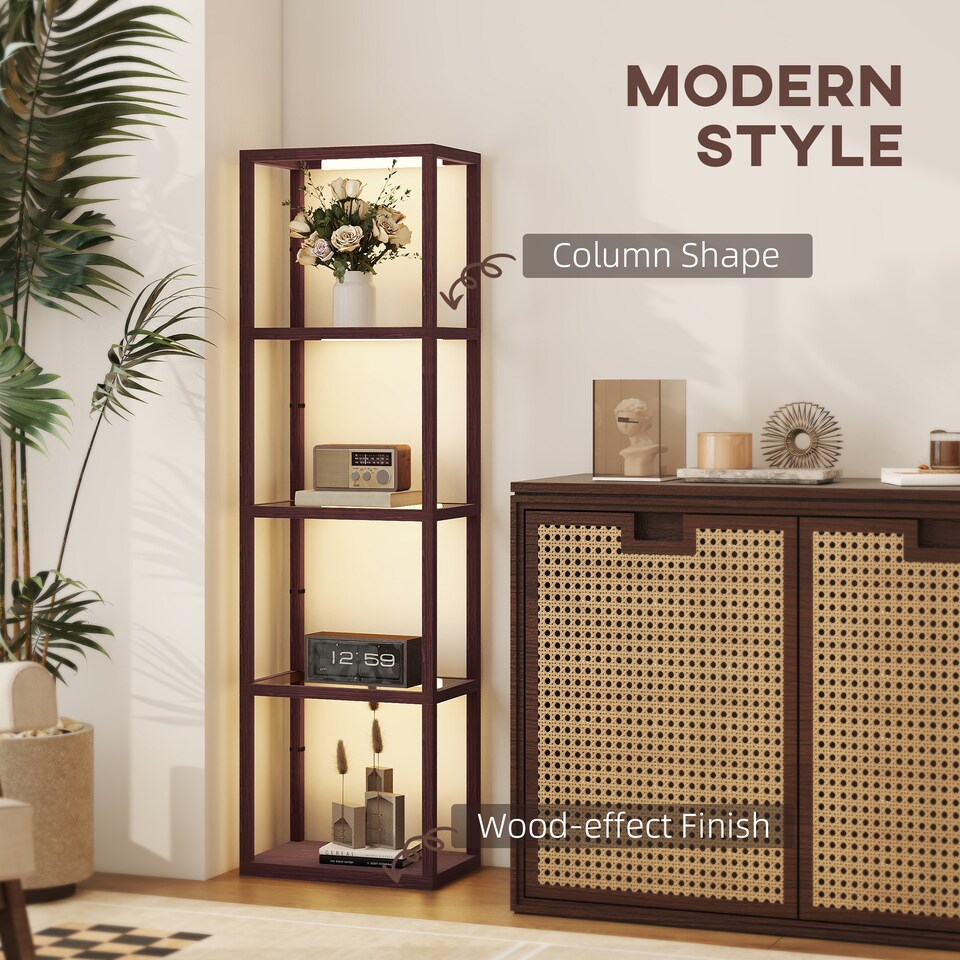 image 1 of HOMCOM LED Floor Lamp with Glass Shelves, Dimmable Living Room Lamp, Brown | Brown