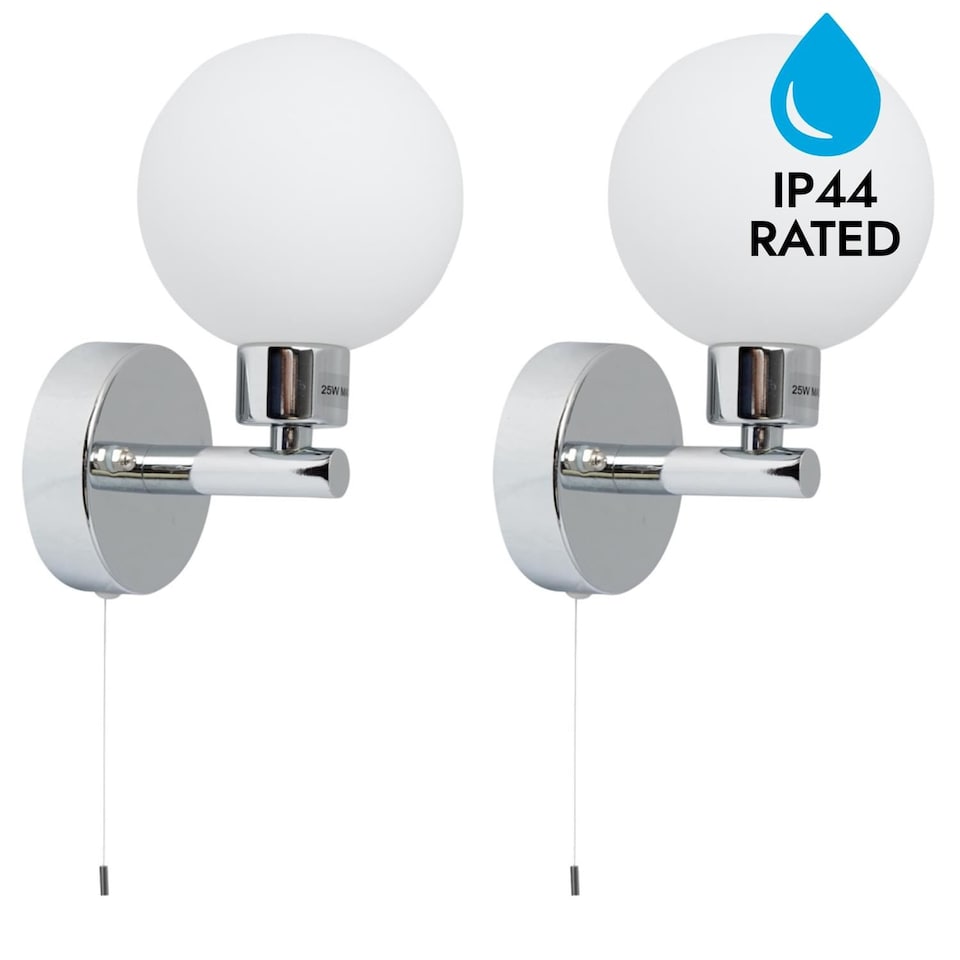image 1 of Pair of Polished Chrome IP44 Bathroom Globe Wall Light With Pull Cord Switch | Chrome | 2