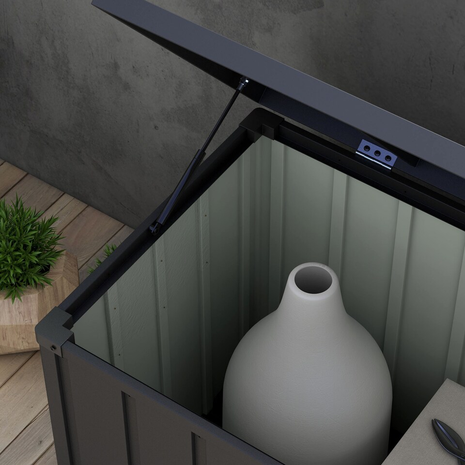 image 1 of Outsunny 450 Litre Garden Storage Box, Outdoor Storage Box with Wheels and Handles, Lockable Galvanised Steel Outside Deck Box Organiser for Tools, Cushions, Dark Grey