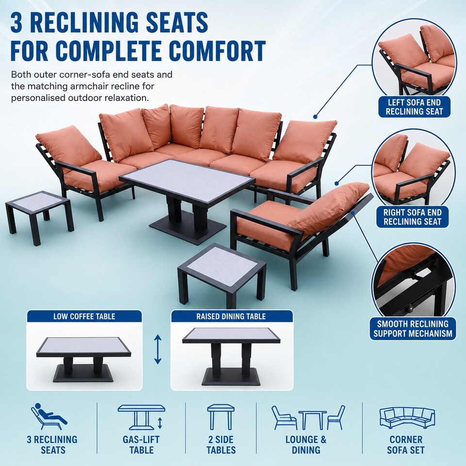 image 1 of Monte Carlo 7 Seater Aluminium Reclining Corner Garden Sofa Set with Gas Lift Table & Terracotta Cushions