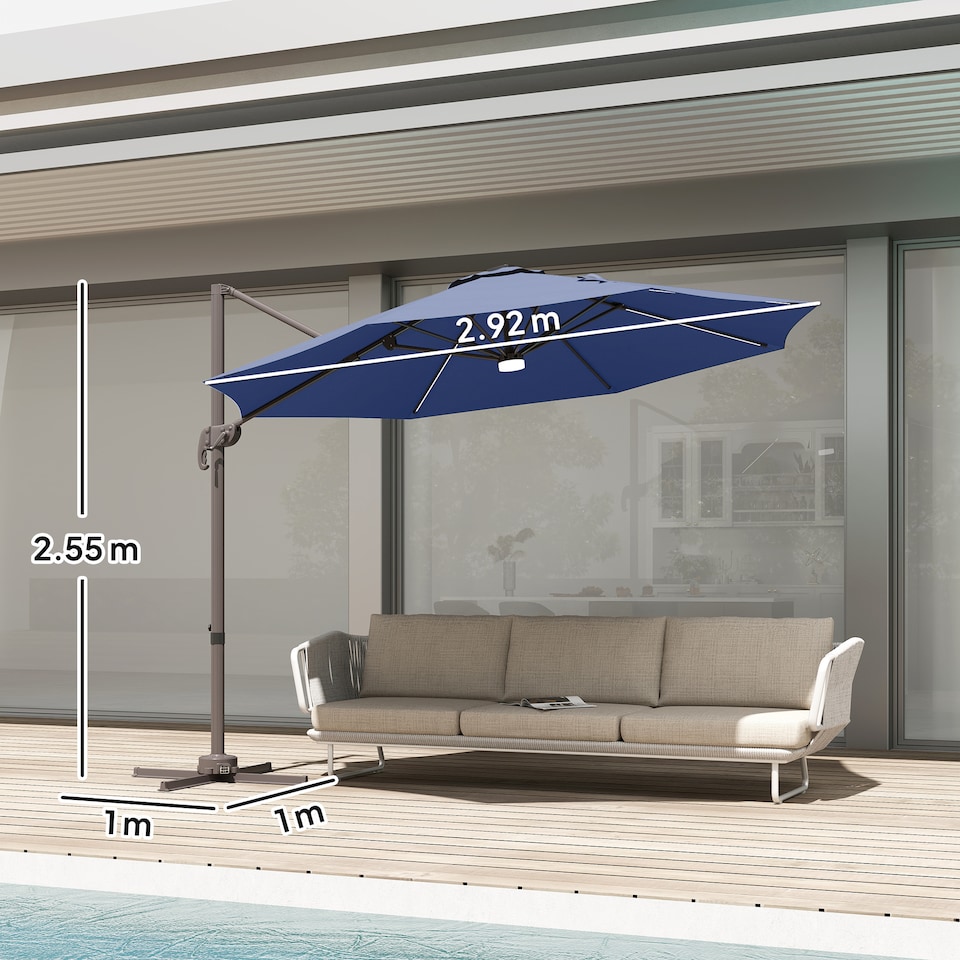 image 1 of Outsunny 3 m Cantilever Roma Parasol Garden Sun Umbrella Outdoor Patio with 360 Degree Rotation Crank and Tilt Aluminium Frame LED Solar Light Cross Base, Blue