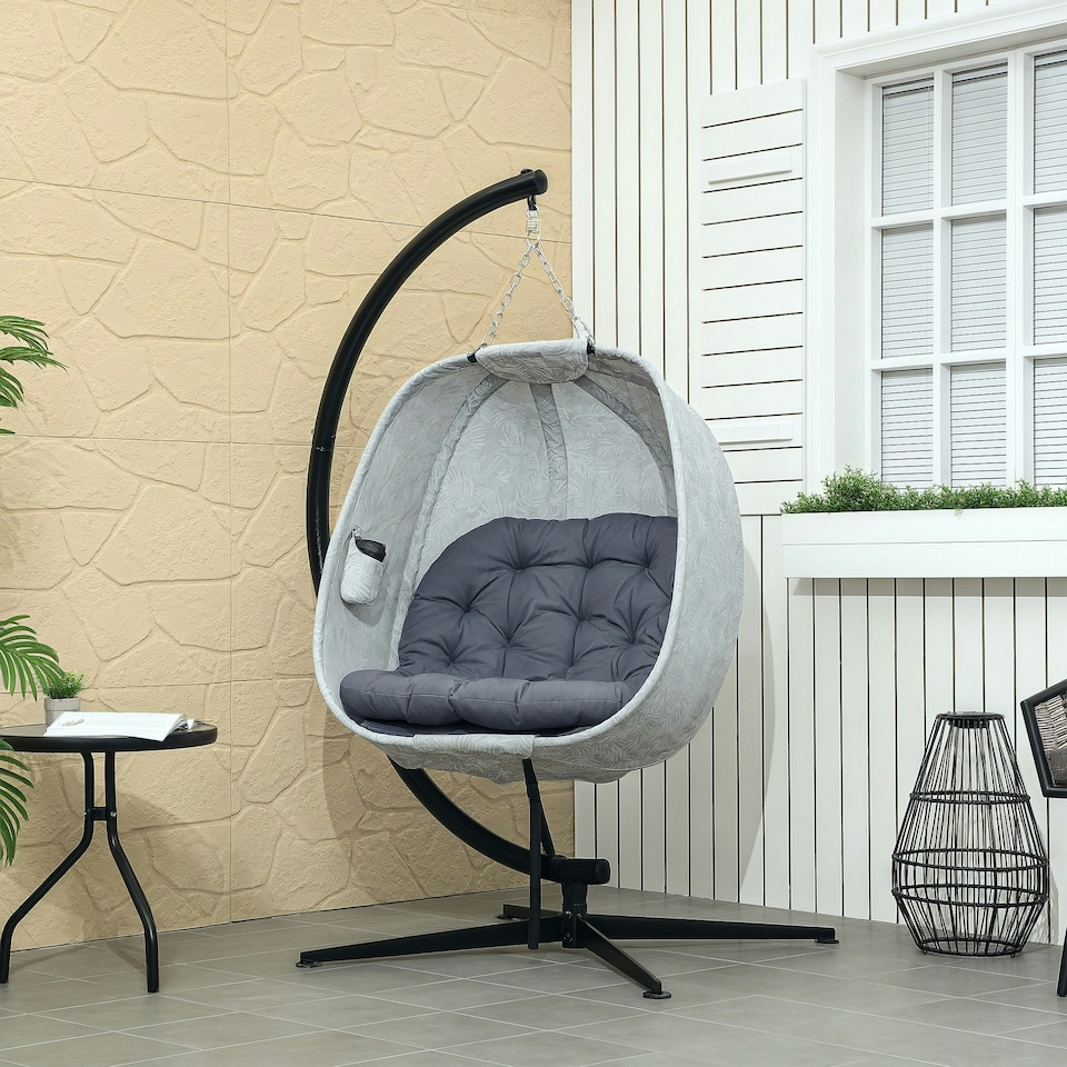 image 1 of Outsunny Hanging Egg Chair Outdoor Indoor Swing Chair, Folding Basket Grey