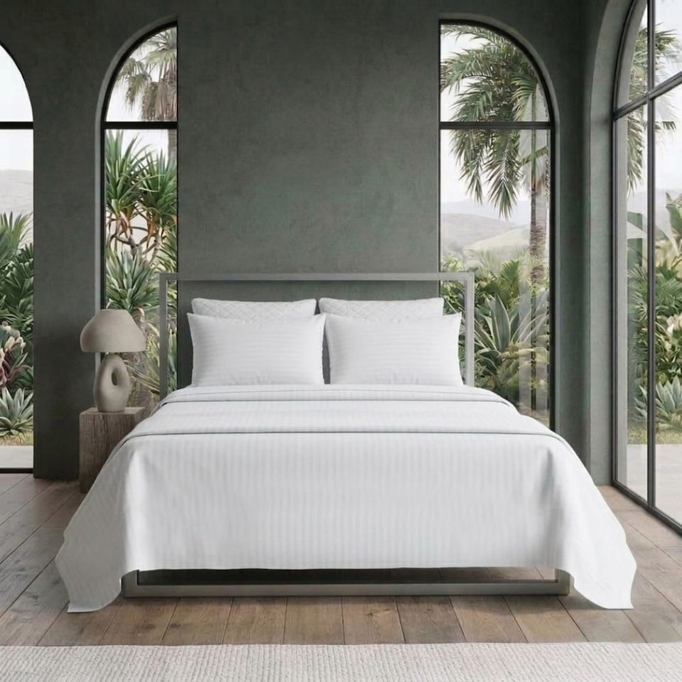 image 1 of Luxury Satin Stripe T250 Cotton Rich Soft Flat Sheet Bed Linen | White | Double