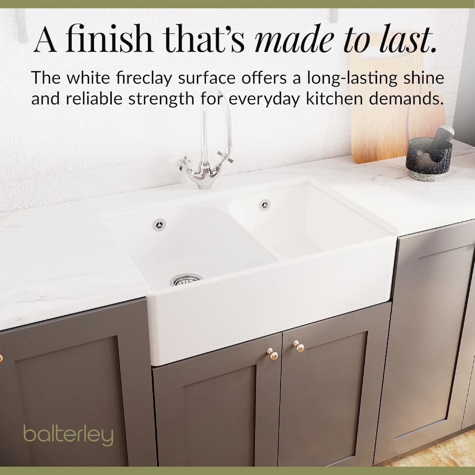 image 1 of Balterley Fireclay Double Bowl Butler Kitchen Sink - Full Weir with Mono Mixer Tap & Wastes, Ceramic Kitchen Sink & Tap | White | White