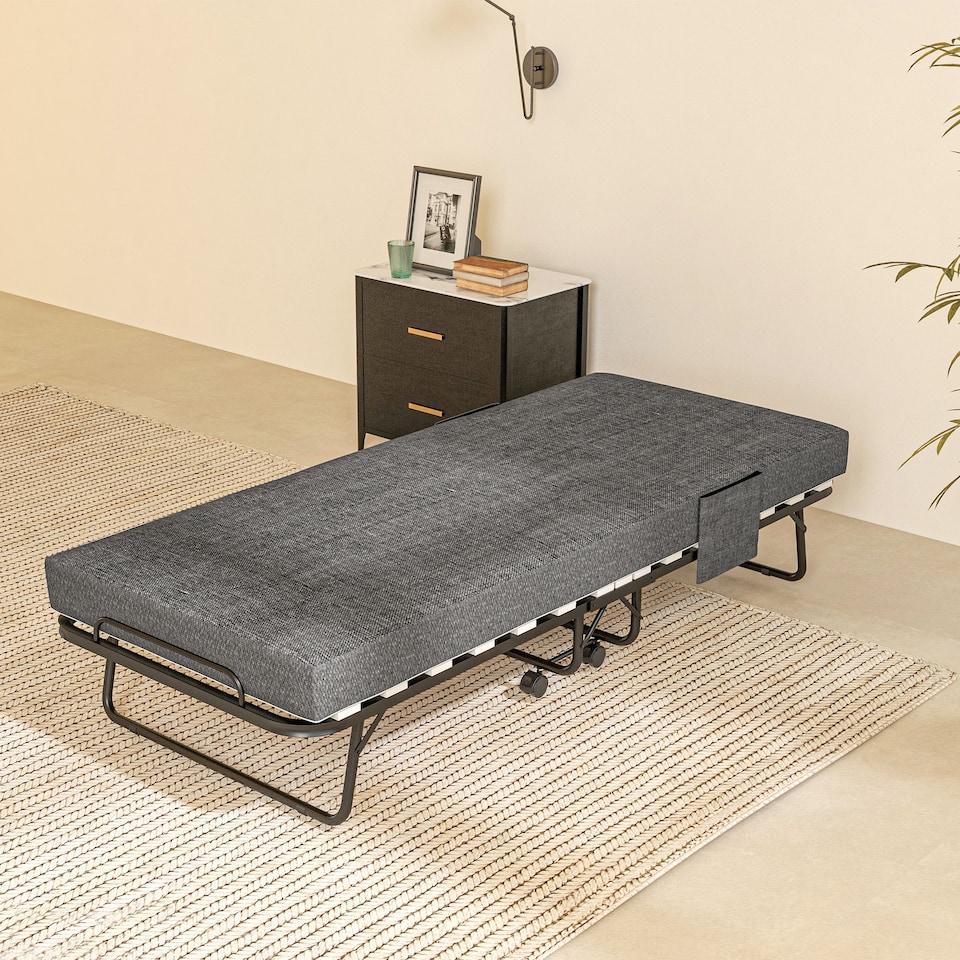 image 1 of HOMCOM Folding Bed with Mattress, Foldable Guest Bed on Wheels, Portable Single Bed with 10cm Mattress, Side Pockets, Cover, 190 x 80cm, Dark Grey