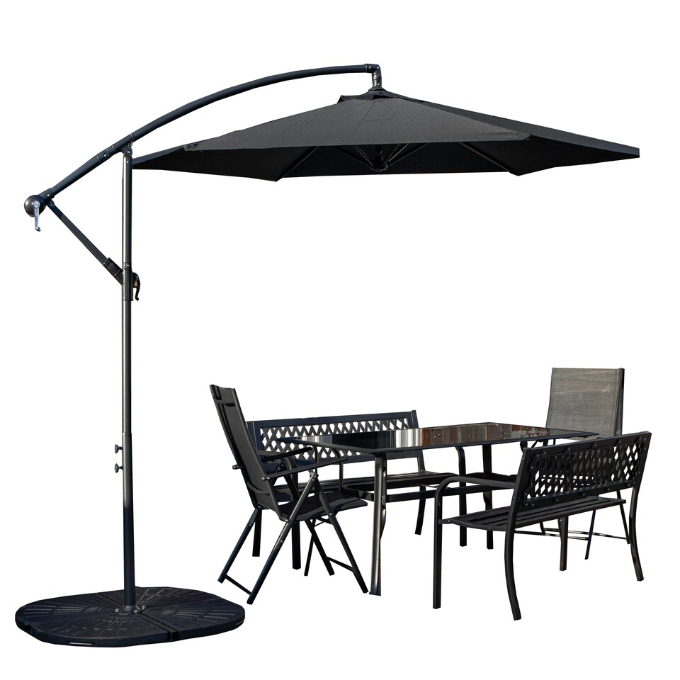 image 1 of Outdoor 6 Person Rectangular Glass Top Garden Dining Table Benches & Chairs With Black Banana Parasol and Base