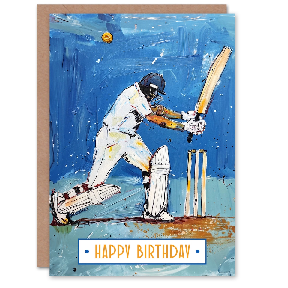 image 1 of Batsman Sport Cricket Player Wicket Painting Birthday Card