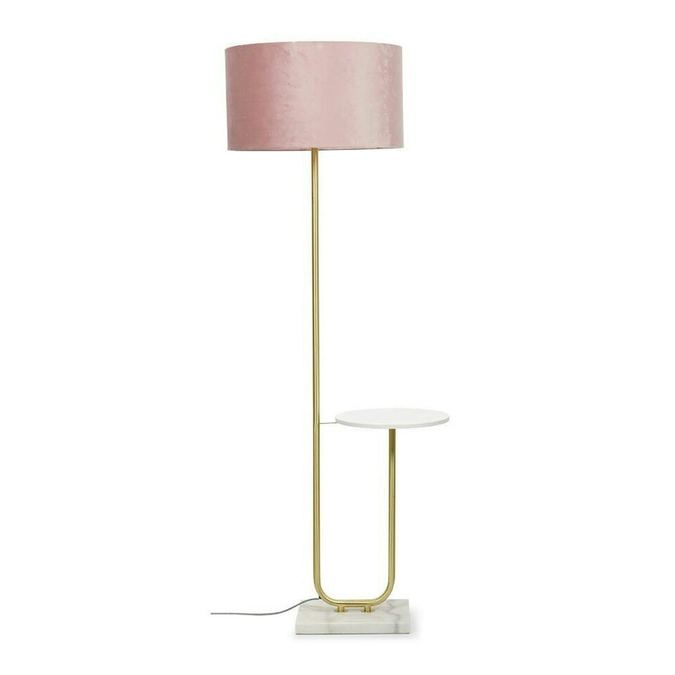 image 1 of ValueLights Tavel Brushed Gold Floor Lamp with Large Pink Drum Shade and LED Bulb