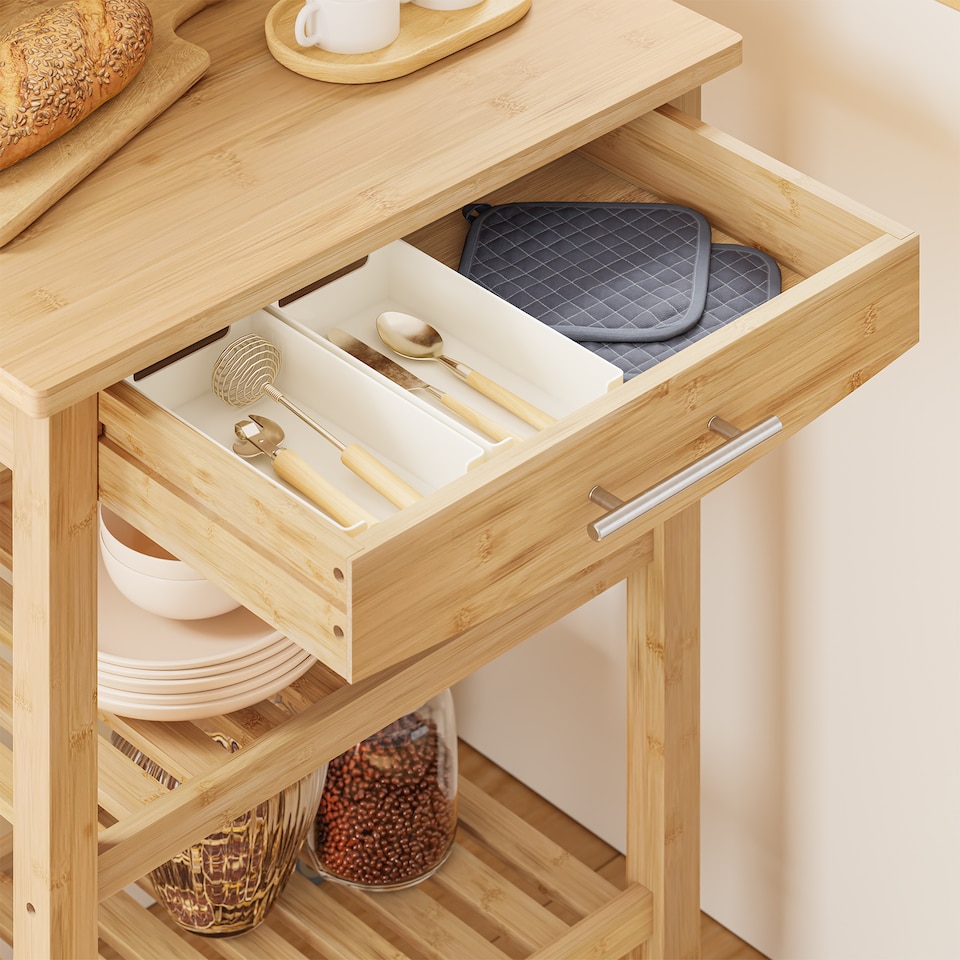 image 1 of SoBuy Kitchen Trolley with Drawer and 2 Shelves, Natural Bamboo, 22.8x15.7x33.8 in, 10.75 kg - FKW135-N