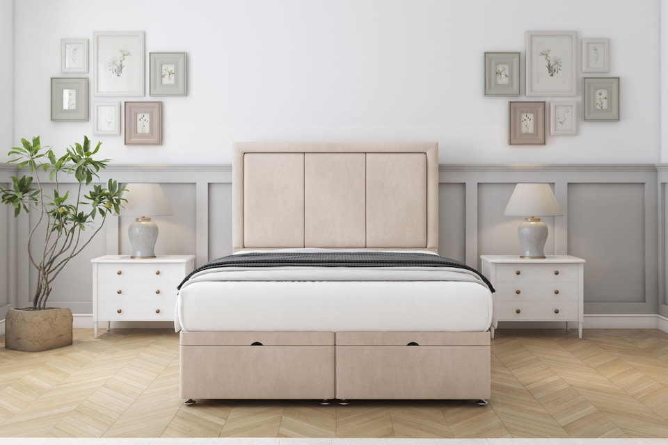 image 1 of Sloomy Lancaster Sand Naples Ottoman Bed Base With 54" Floor Standing Headboard 5' King | Cream | Sand | King | 1