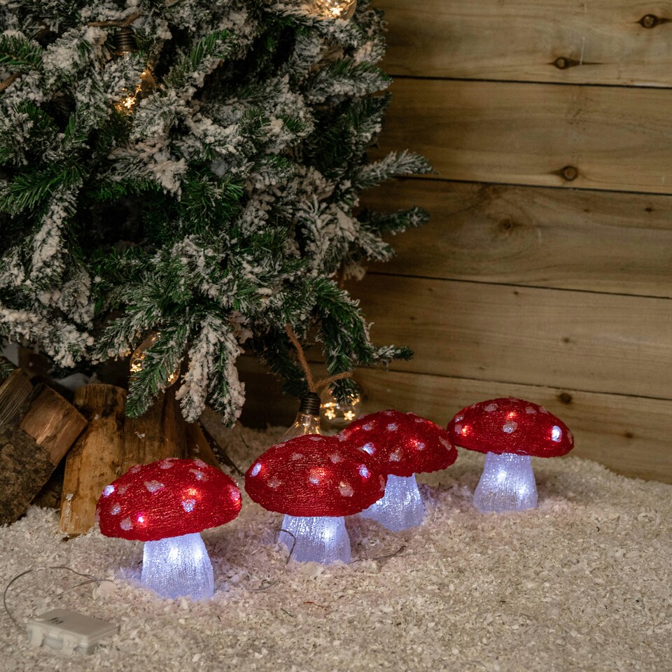 image 1 of Set of 4 Battery Operated Red & White Acrylic Christmas Mushrooms with Cool White LEDs