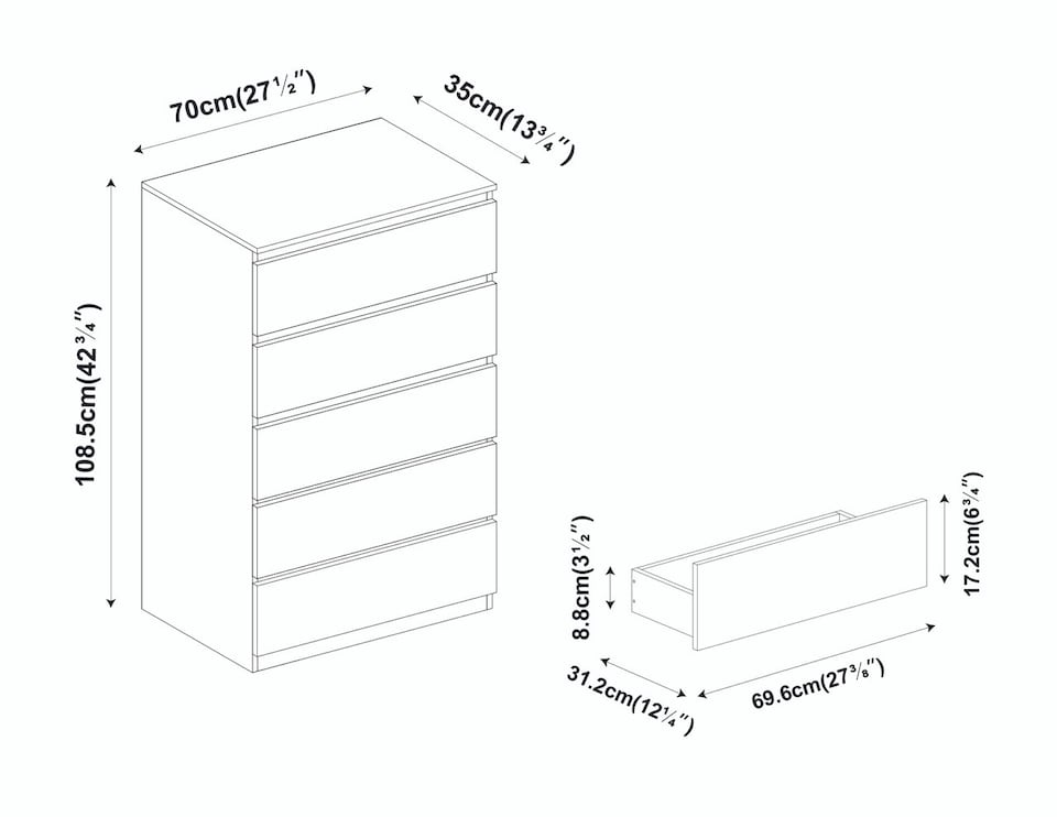 image 1 of Minimalist Chest of 5 Drawers 108.5x70x35 | Black | Black & Grey | 1