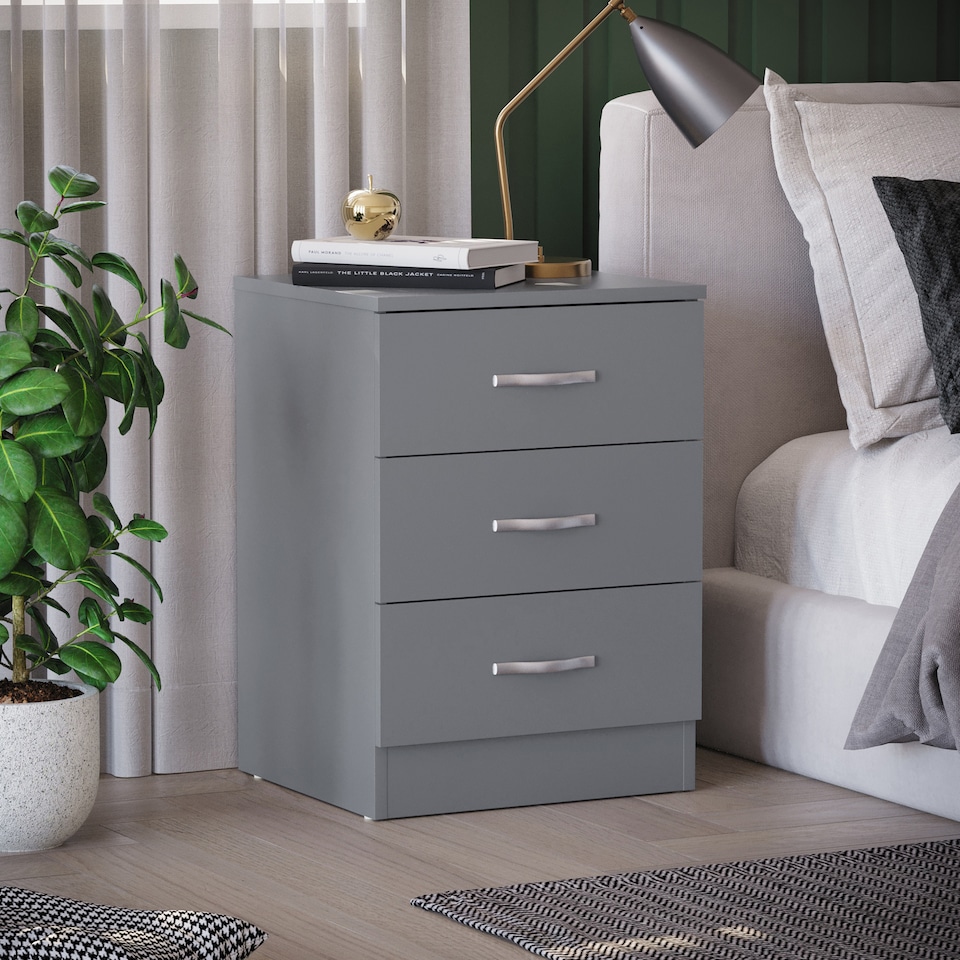 image 1 of Vida Designs Riano 3 Drawer Bedside Chest Cabinet Table Nightstand, Grey