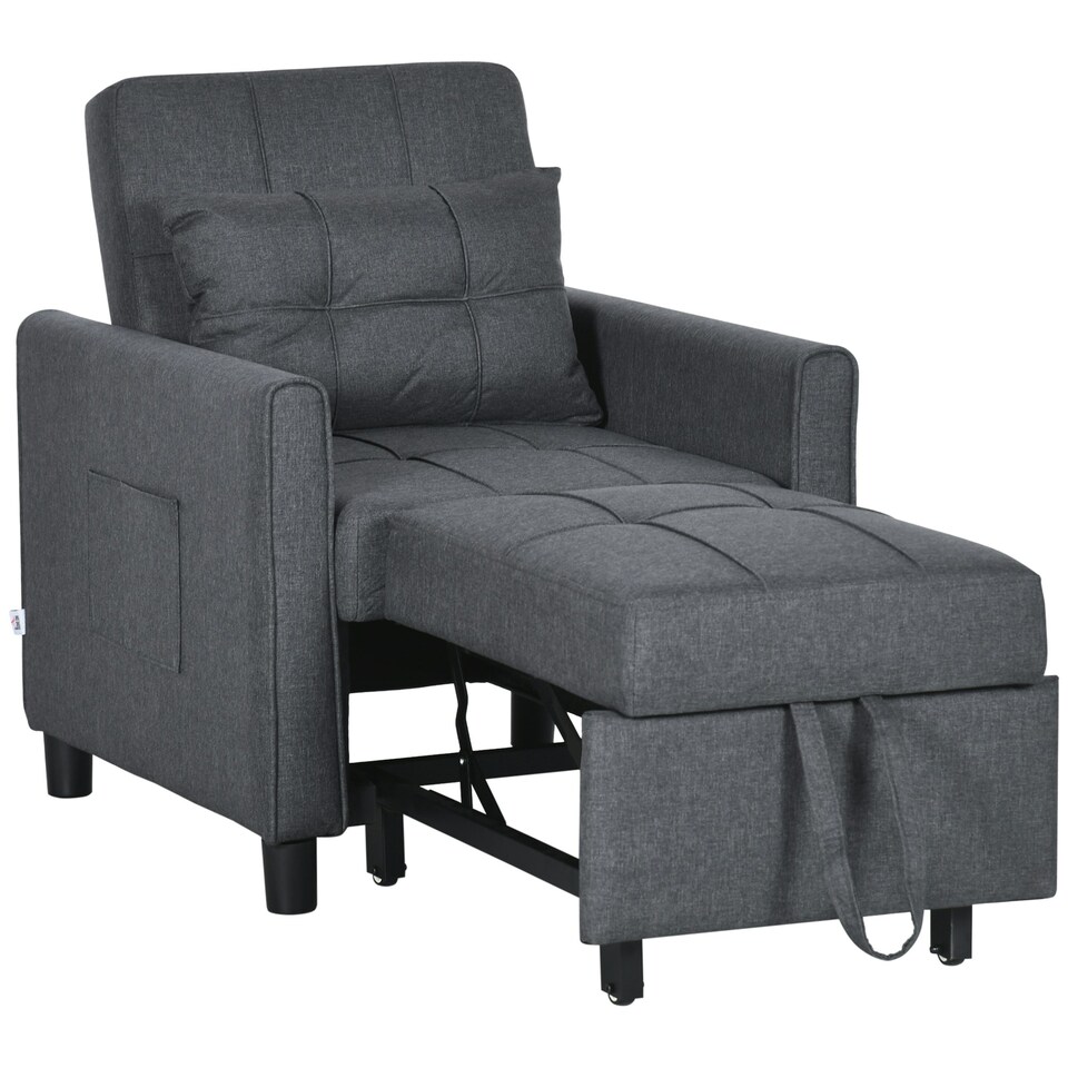 HOMCOM Pull Out Sleeper Chair Bed with Pillow, Grey
