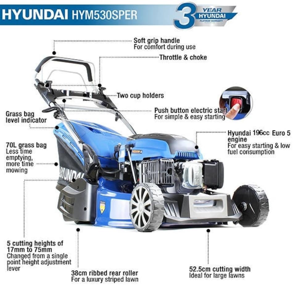 image 1 of Hyundai 21" / 53cm 196cc Electric -Start Self-Propelled Petrol Roller Lawnmower, 70L Catcher & Rear Discharge | HYM530SPER
