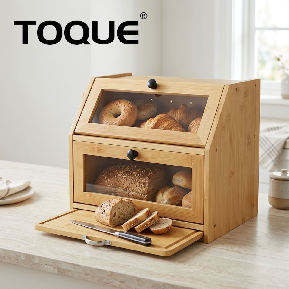 image 1 of TOQUE 33L Bamboo Bread Bin with Cutting Board, Bread Storage Box, Natural