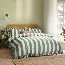 Wylder Nature Birdie Stripe Ruffle Duvet Cover Set | Green | Bay Green/Mist | Super King