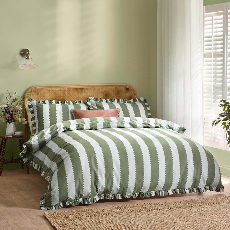 image 1 of Wylder Nature Birdie Stripe Ruffle Duvet Cover Set | Green | Bay Green/Mist | Super King