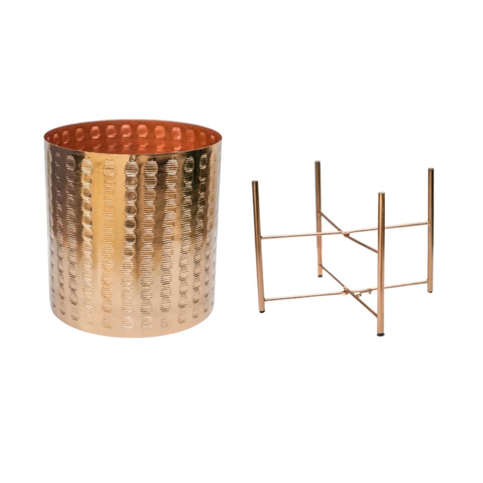 image 1 of Zendaya Embossed Metal Planter with Stand - Mild Steel - L27 x W27 x H40 cm - Gold | Gold
