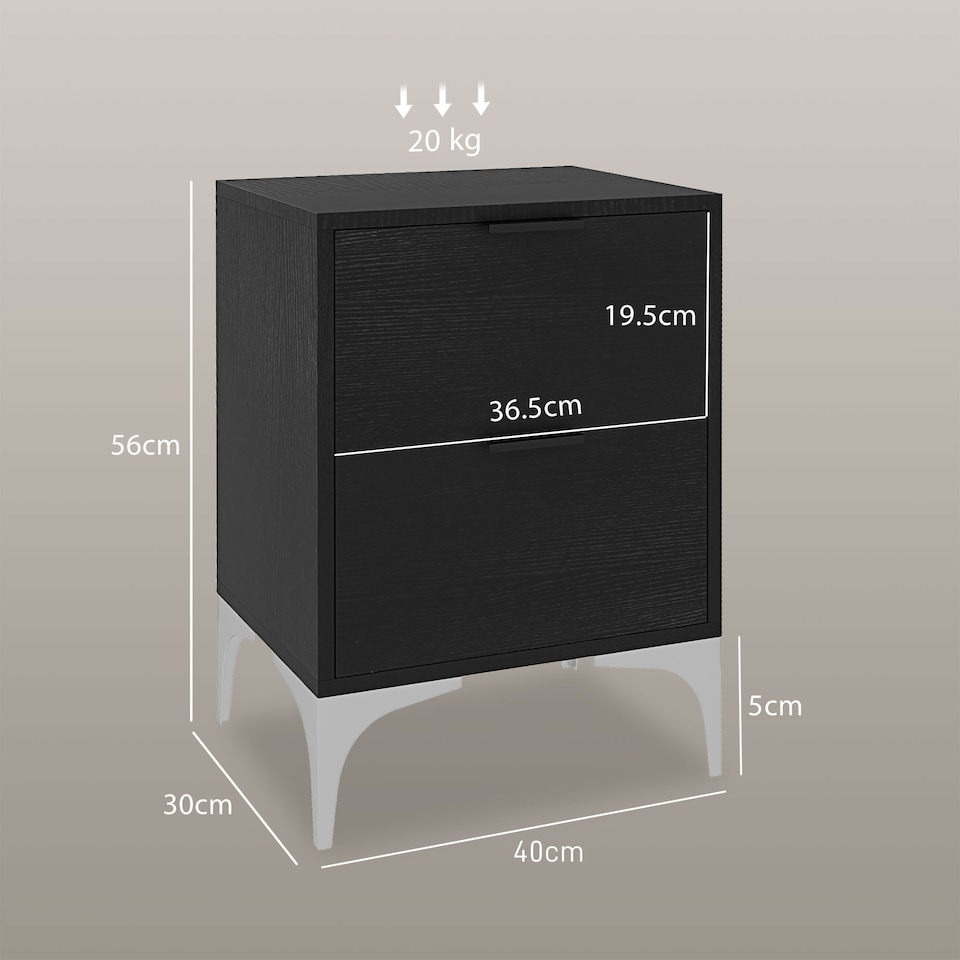 image 1 of HOMCOM Bedside Tables Set of 2, Modern Nightstand with 2 Drawers, Small Sofa End Tables with Storage and Steel Legs for Bedroom, Living Room, Black