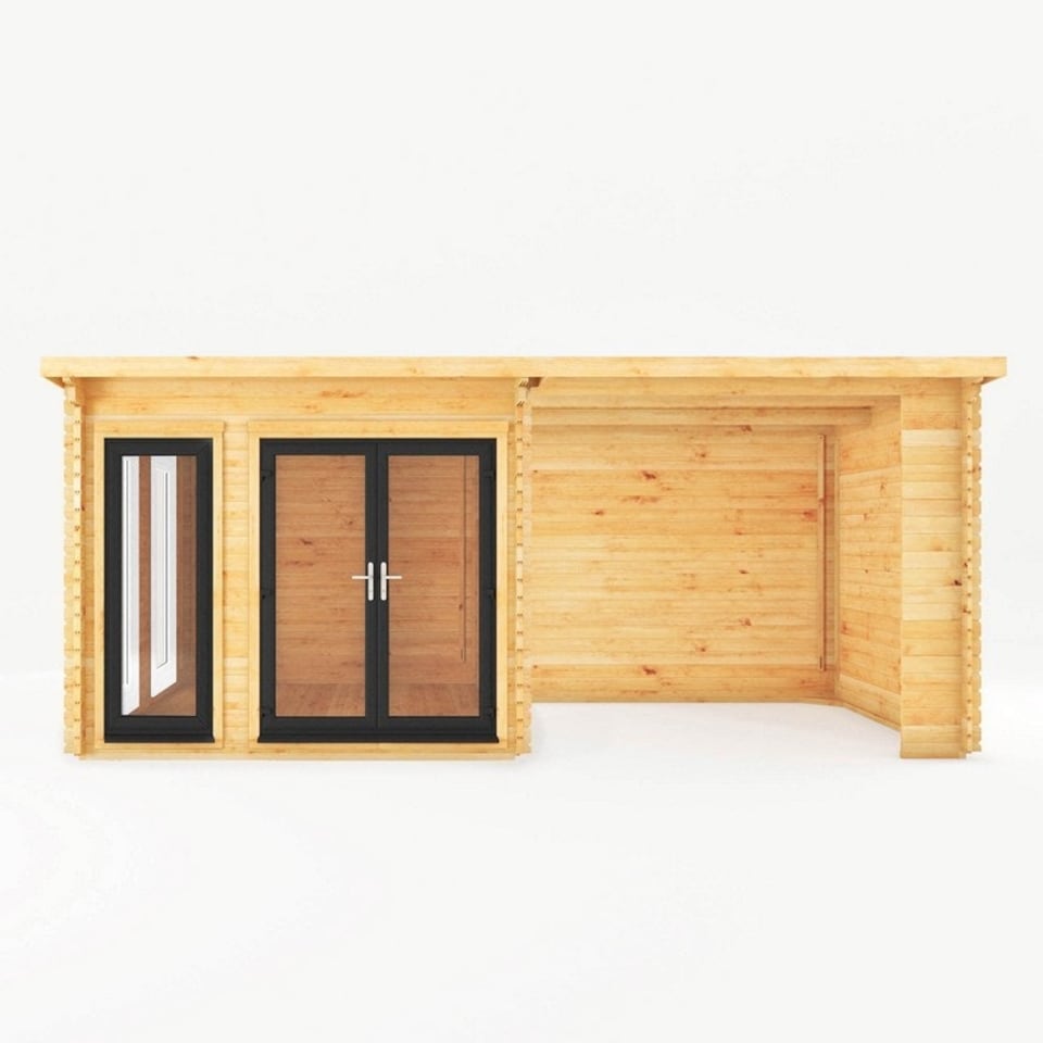 image 1 of 6 x 3 m Studio Pent Log Cabin with Patio Area with UPVC Windows and Doors - 44 mm - Timber - L333.5 x W591.1 x H249.4 cm - Brown Brown