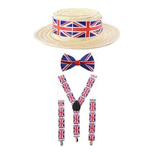 Union Jack Boater Hat, Bow Tie & Suspenders Red | One Size