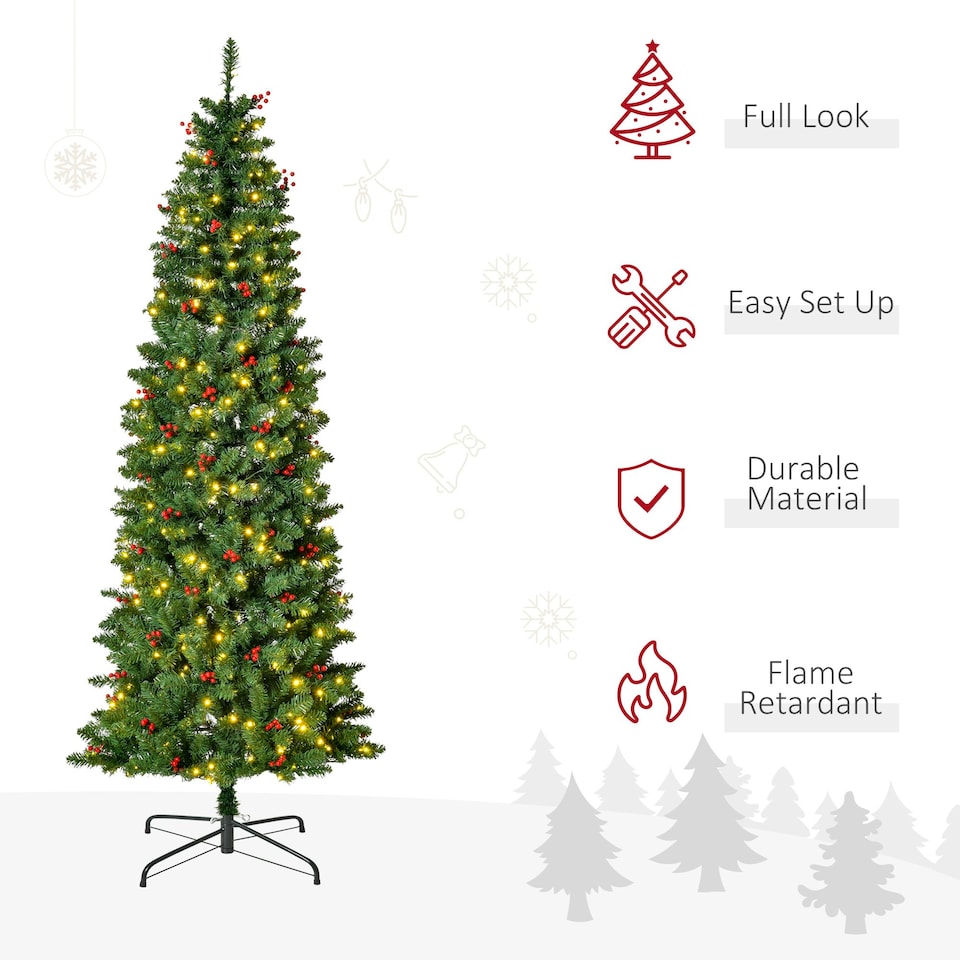 image 1 of HOMCOM 7FT Prelit Pencil Christmas Tree w/ LED Light, Berry, Xmas Decoration