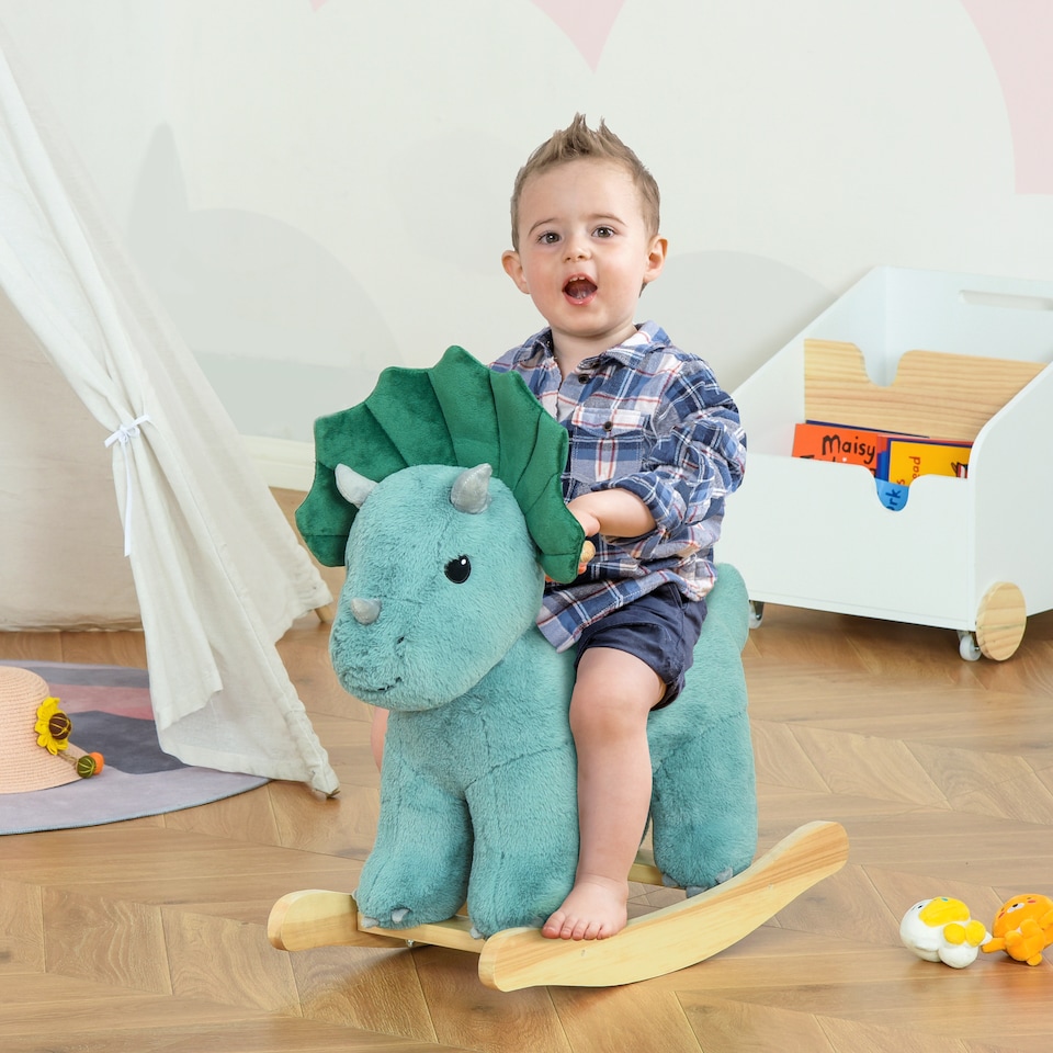 image 1 of HOMCOM Kids Toddler Rocking Horse Plush Ride On Triceratops Rocker Wooden Base With Sound for 3-6 Years Green