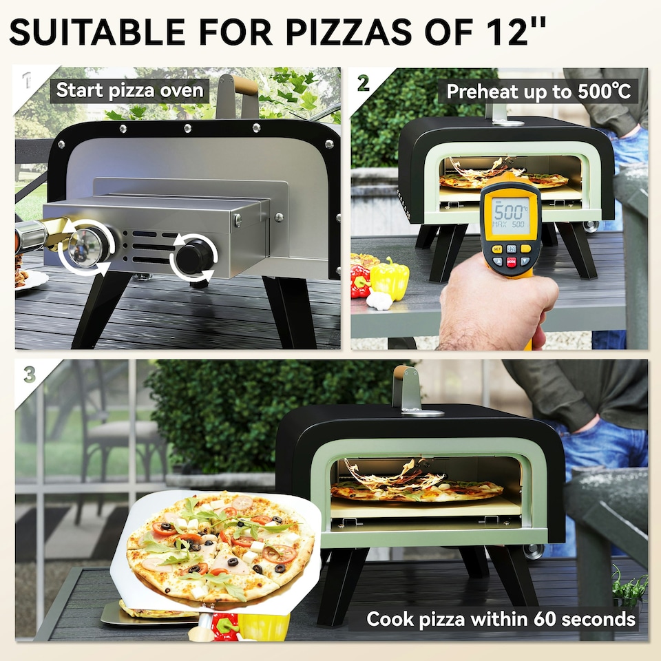 image 1 of Outsunny Outdoor Tabletop Gas Pizza Oven with 12" Pizza Stone & Peel, Black