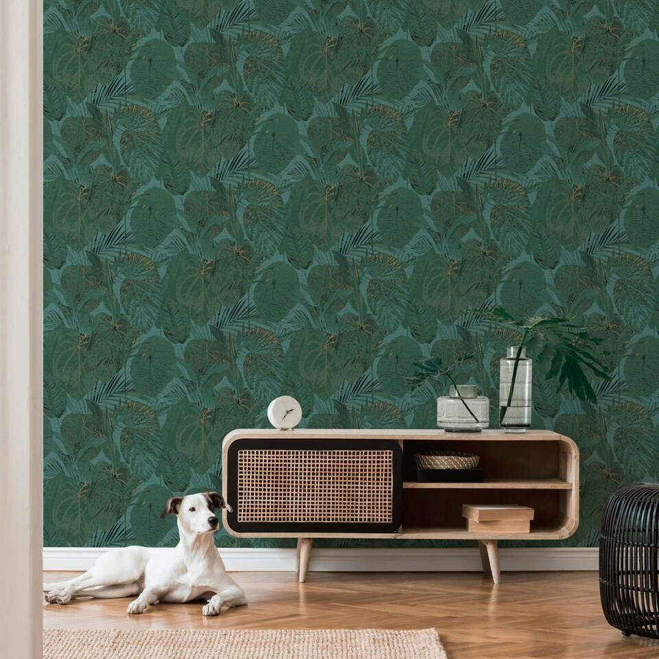 image 1 of AS Creation Famous Garden Tropical Leaves Textured Wallpaper - Green/Gold - 10m x 53cm | Green