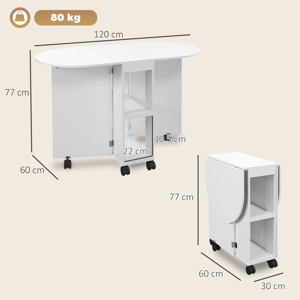 image 1 of HOMCOM Folding Dining Table for Small Spaces with 2-tier Shelves White