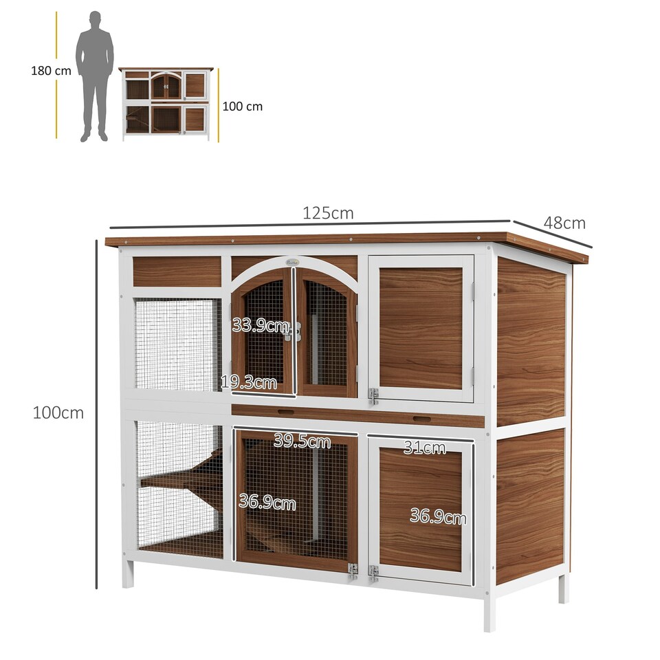 image 1 of PawHut Rabbit Hutch, Guinea Pig Hutch 2-Tier Wooden Cage w/ Ramp Roof, Brown